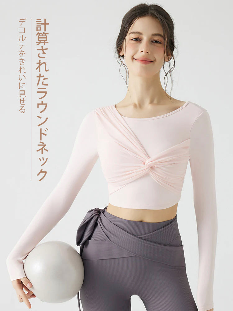 背中見せリボンデザインの長袖カップ付きヨガトップス