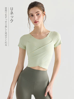 Yomomentフロントクロス 半袖トップス レディース  美シルエット クロップド丈 スタイルアップ
