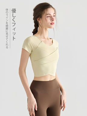 Yomomentフロントクロス 半袖トップス レディース  美シルエット クロップド丈 スタイルアップ