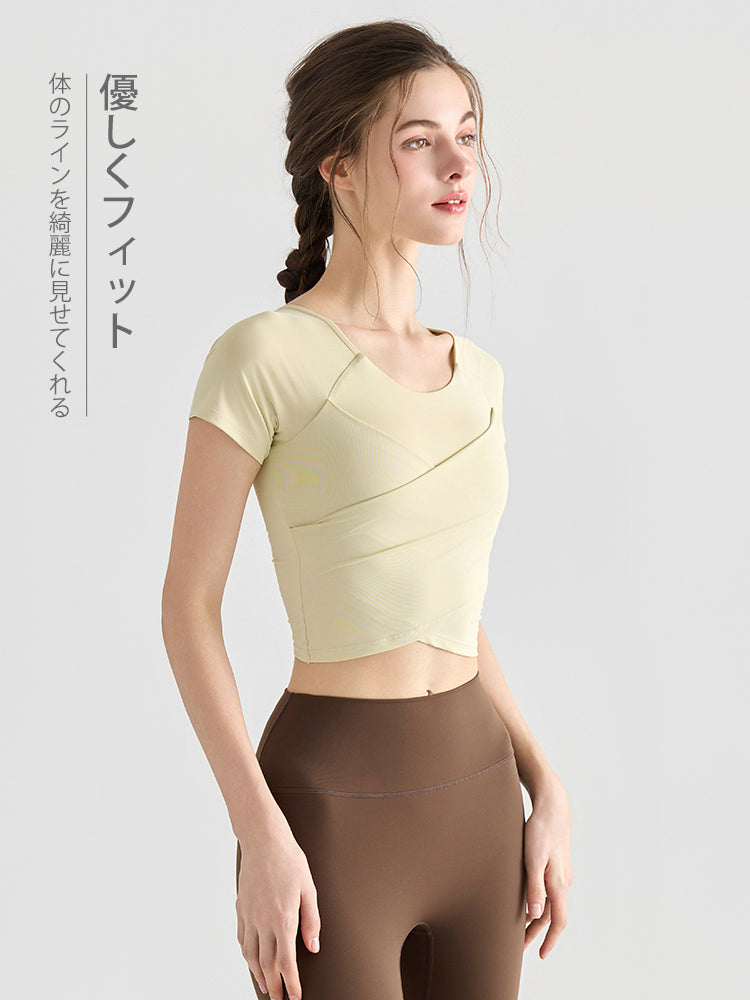 Yomomentフロントクロス 半袖トップス レディース  美シルエット クロップド丈 スタイルアップ