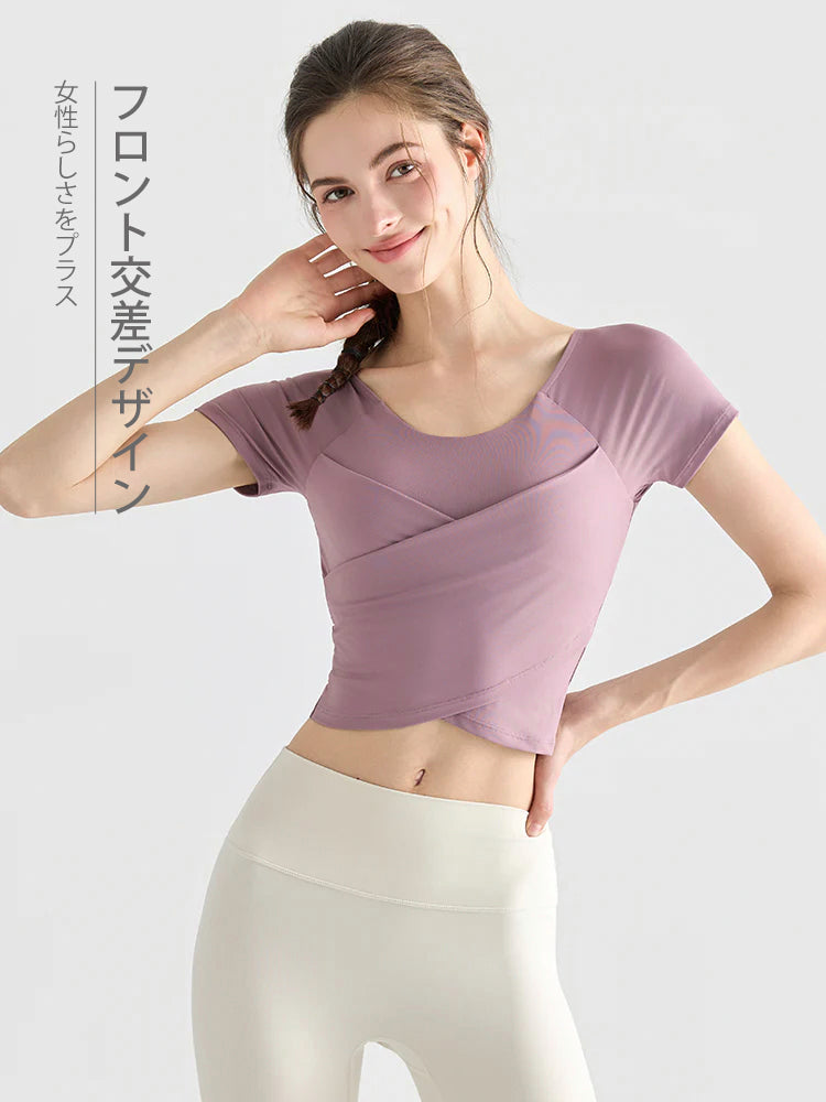 Yomomentフロントクロス 半袖トップス レディース  美シルエット クロップド丈 スタイルアップ