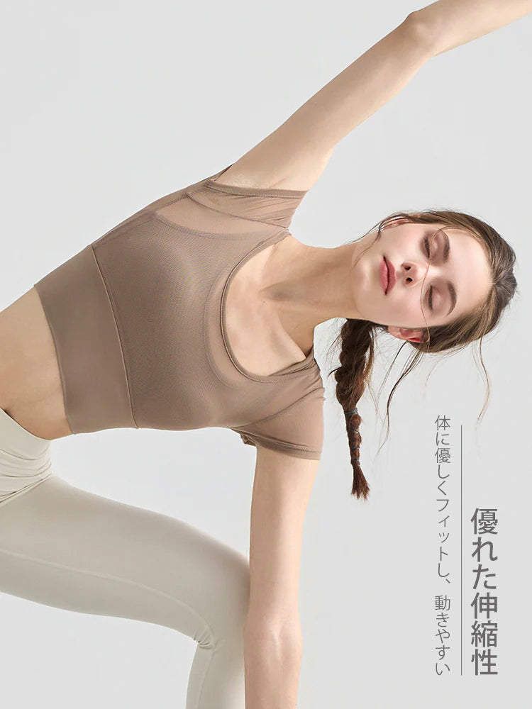 Yomoment フェイクレイヤード メッシュ切り替え 半袖 カップ付き ヨガトップス おしゃれ 重ね着風 通気性抜群 