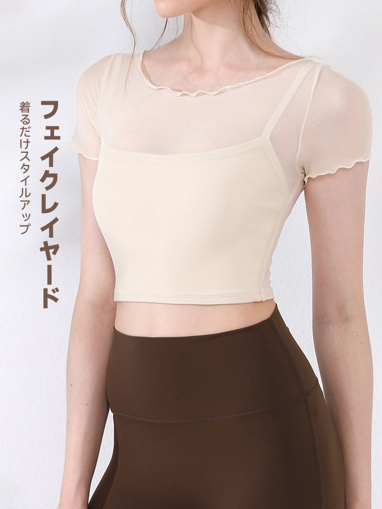 Yomoment 半袖 ヨガトップス パッド付き メッシュ切り替え フェイクレイヤード レディース 通気