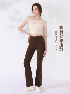 Yomoment 半袖 ヨガトップス パッド付き メッシュ切り替え フェイクレイヤード レディース 通気