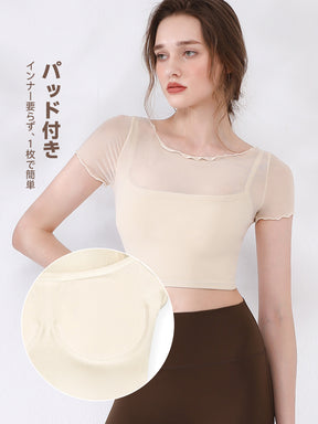 Yomoment 半袖 ヨガトップス パッド付き メッシュ切り替え フェイクレイヤード レディース 通気