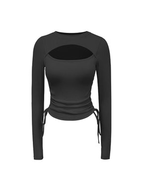 Yomoment 前開き 長袖Tシャツ サイドシャーリング入り 着痩せトップス 着丈調節可能