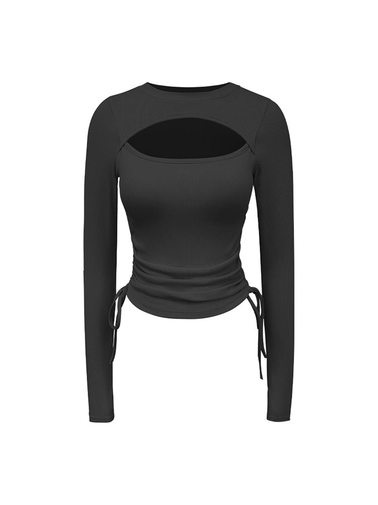 Yomoment 前開き 長袖Tシャツ サイドシャーリング入り 着痩せトップス 着丈調節可能