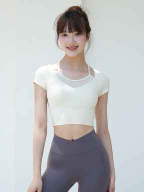 Yomoment レディース メッシュ切り替え フェイクレイヤード ブラトップ 半袖 カップ付き 動きやすい 映える