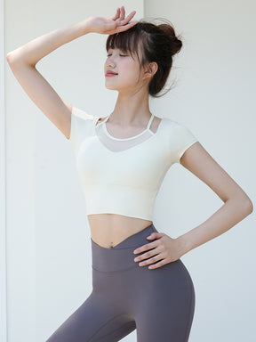 Yomoment レディース メッシュ切り替え フェイクレイヤード ブラトップ 半袖 カップ付き 動きやすい 映える