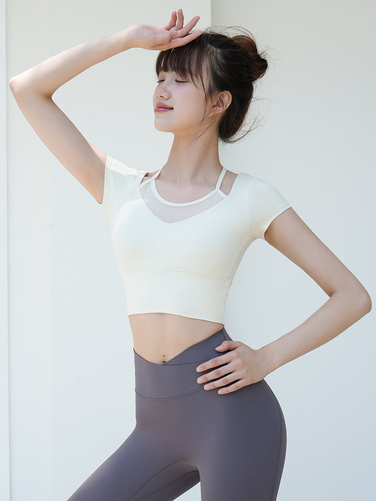 Yomoment レディース メッシュ切り替え フェイクレイヤード ブラトップ 半袖 カップ付き 動きやすい 映える
