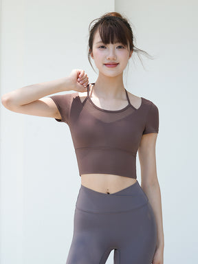 Yomoment レディース メッシュ切り替え フェイクレイヤード ブラトップ 半袖 カップ付き 動きやすい 映える