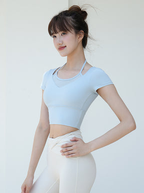Yomoment レディース メッシュ切り替え フェイクレイヤード ブラトップ 半袖 カップ付き 動きやすい 映える