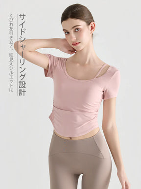 Yomoment レディース 接触冷感 Uネック シャーリング 半袖 カップ付き トップス 細見え ヨガウェア 着痩せ