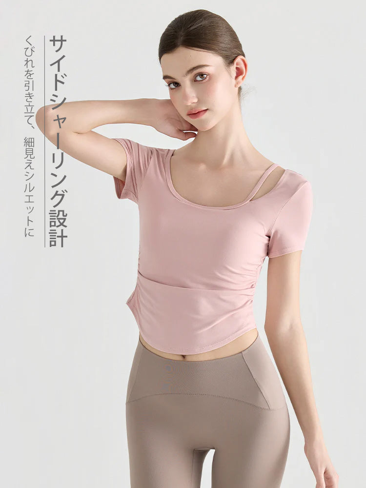 Yomoment レディース 接触冷感 Uネック シャーリング 半袖 カップ付き トップス 細見え ヨガウェア 着痩せ