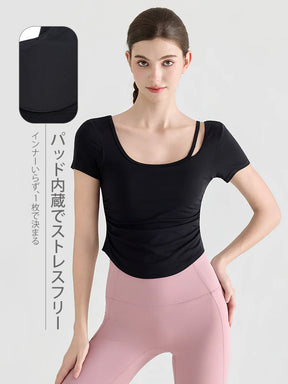 Yomoment レディース 接触冷感 Uネック シャーリング 半袖 カップ付き トップス 細見え ヨガウェア 着痩せ