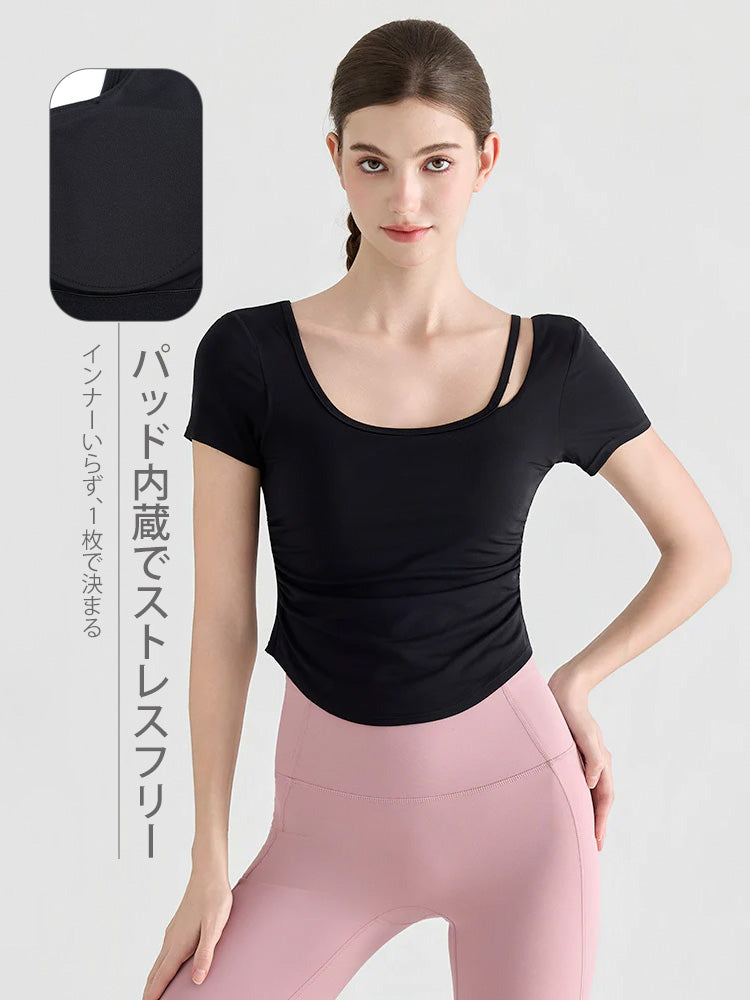 Yomoment レディース 接触冷感 Uネック シャーリング 半袖 カップ付き トップス 細見え ヨガウェア 着痩せ