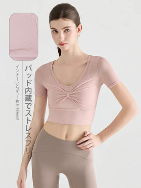 Yomoment パッド付き半袖トップス レディース メッシュ切替 レイヤード風 透け感 おしゃれ 通気性