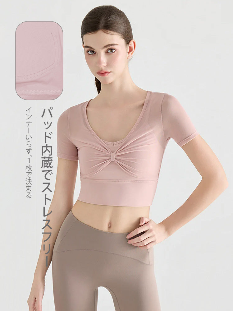 Yomoment パッド付き半袖トップス レディース メッシュ切替 レイヤード風 透け感 おしゃれ 通気性