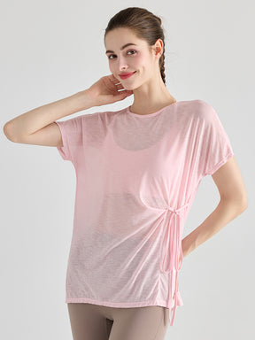 Yomoment ヨガTシャツ レディース 体型カバー ゆったり 透け感 軽量速乾 サイドリボン 半袖 通気 