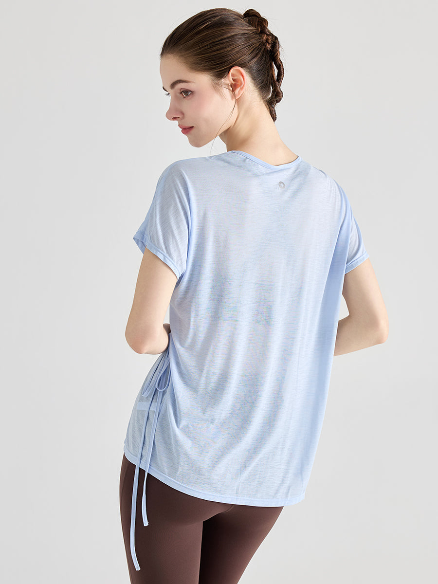 Yomoment ヨガTシャツ レディース 体型カバー ゆったり 透け感 軽量速乾 サイドリボン 半袖 通気 