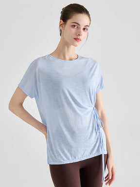 Yomoment ヨガTシャツ レディース 体型カバー ゆったり 透け感 軽量速乾 サイドリボン 半袖 通気 