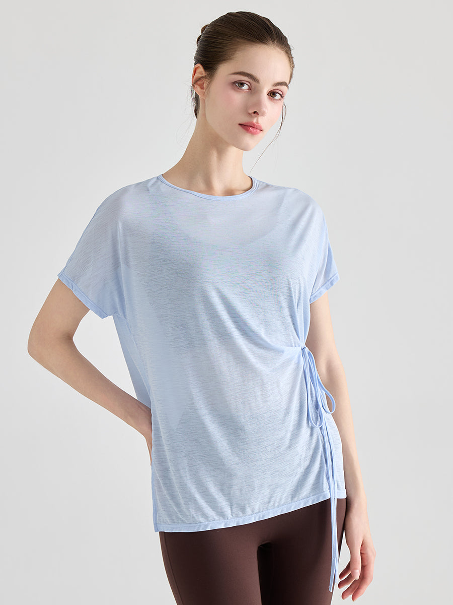 Yomoment ヨガTシャツ レディース 体型カバー ゆったり 透け感 軽量速乾 サイドリボン 半袖 通気 