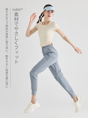 Uネック サイドギャザー 細見え リブ半袖ヨガトップス