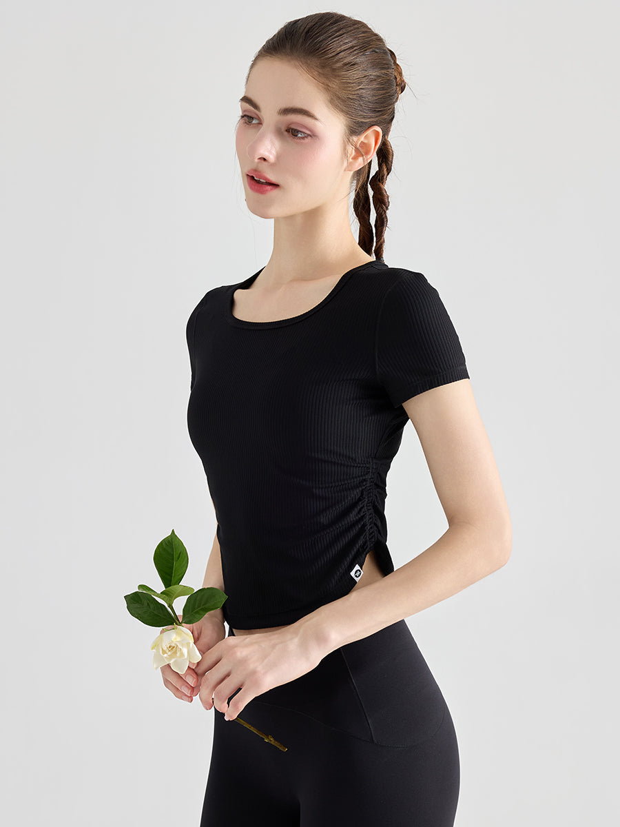YoRib™ シリーズ Uネック 細見え ギャザー リブ 半袖Tシャツ