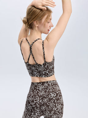 花柄 ダブルストラップ バックデザインヨガブラ ブラウン