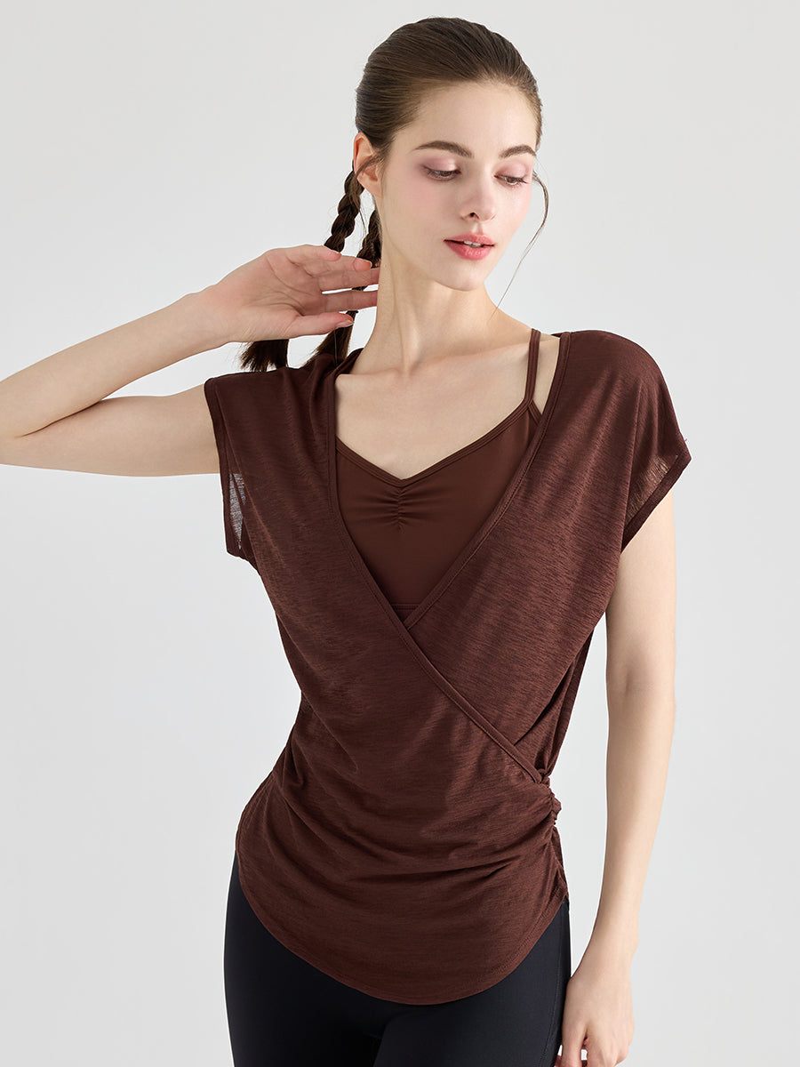 Yomoment レディース 細肩ストラップ Vネック ヨガブラ フロントクロス ヨガTシャツ 2点セット 重ね着風 単品使い可能