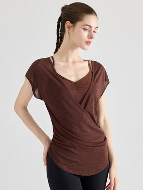 Yomoment レディース 細肩ストラップ Vネック ヨガブラ フロントクロス ヨガTシャツ 2点セット 重ね着風 単品使い可能