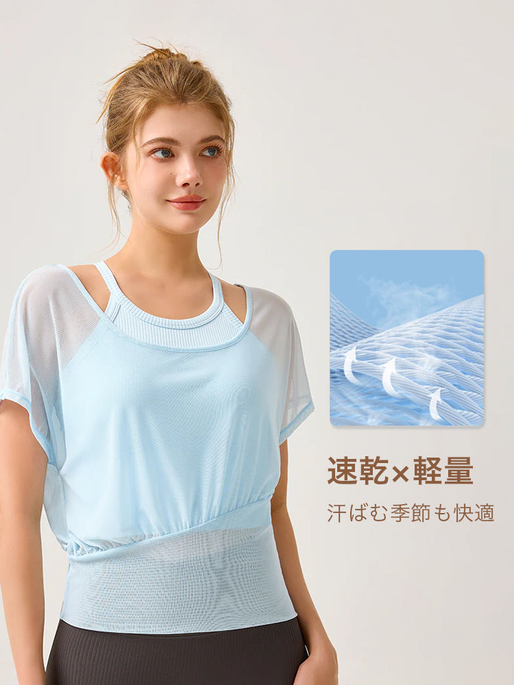 Yomoment レディース 吸湿速乾 スポーツブラ＋半袖メッシュTシャツセット 通気 おしゃれコーデ