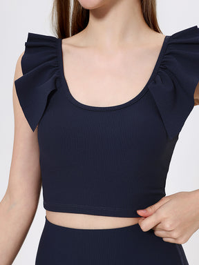 Yomoment カップ付き リブトップス Uネック フリル袖 レディース 美シルエット 可愛い