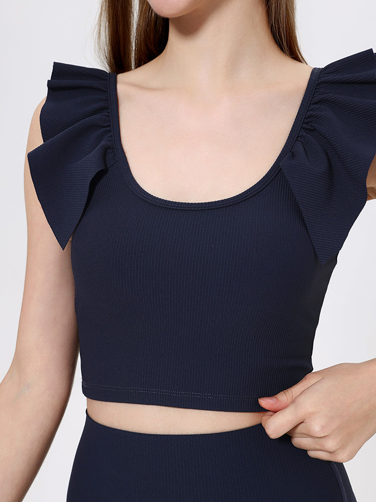 Yomoment カップ付き リブトップス Uネック フリル袖 レディース 美シルエット 可愛い