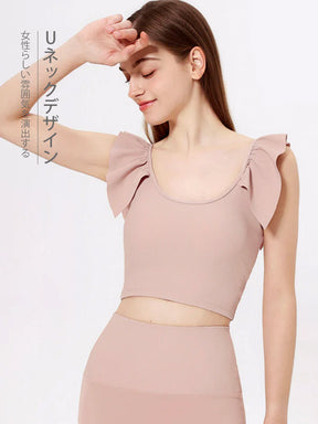Yomoment カップ付き リブトップス Uネック フリル袖 レディース 美シルエット 可愛い