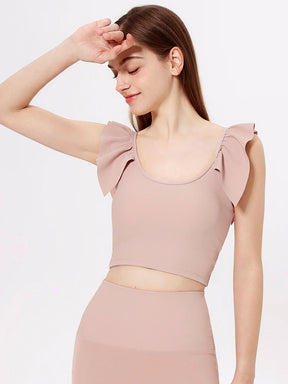 Yomoment カップ付き リブトップス Uネック フリル袖 レディース 美シルエット 可愛い