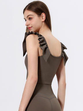 Yomoment カップ付き リブトップス Uネック フリル袖 レディース 美シルエット 可愛い