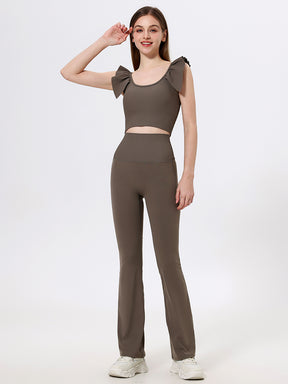 Yomoment カップ付き リブトップス Uネック フリル袖 レディース 美シルエット 可愛い