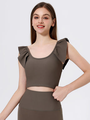 Yomoment カップ付き リブトップス Uネック フリル袖 レディース 美シルエット 可愛い