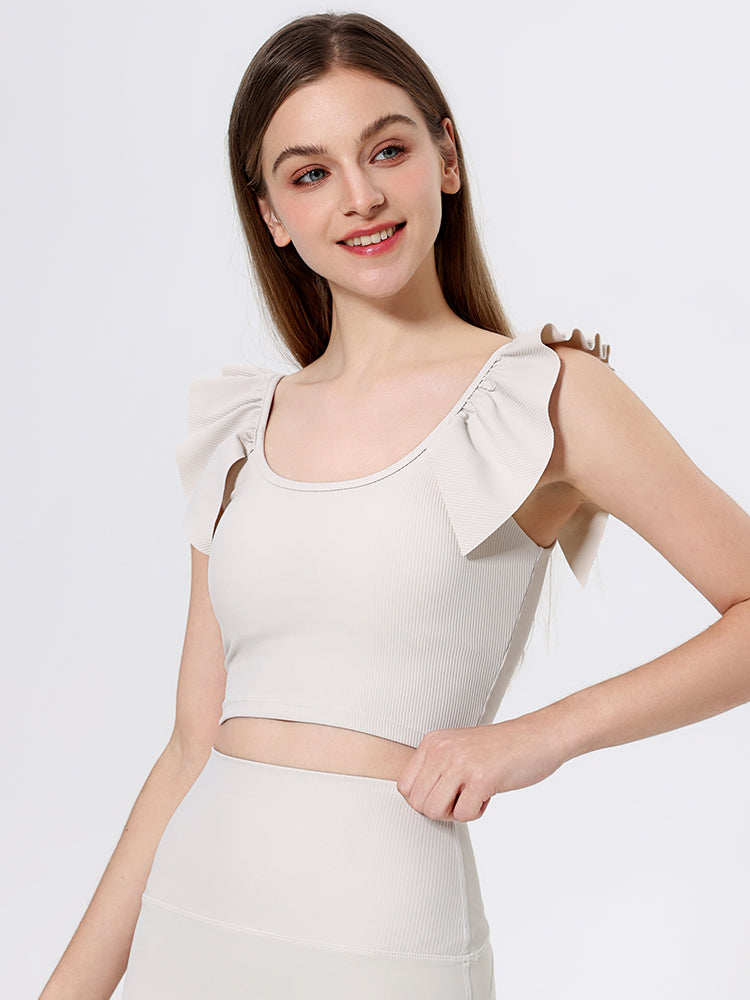 Yomoment カップ付き リブトップス Uネック フリル袖 レディース 美シルエット 可愛い