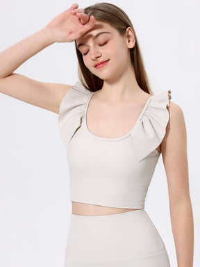 Yomoment カップ付き リブトップス Uネック フリル袖 レディース 美シルエット 可愛い