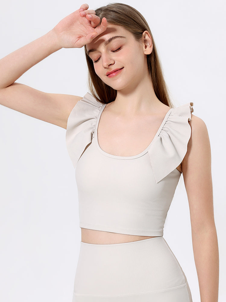 Yomoment カップ付き リブトップス Uネック フリル袖 レディース 美シルエット 可愛い