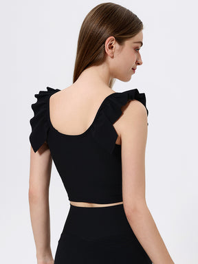Yomoment カップ付き リブトップス Uネック フリル袖 レディース 美シルエット 可愛い