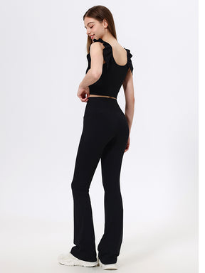 Yomoment カップ付き リブトップス Uネック フリル袖 レディース 美シルエット 可愛い