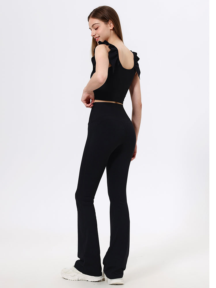 Yomoment カップ付き リブトップス Uネック フリル袖 レディース 美シルエット 可愛い