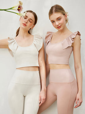 Yomoment カップ付き リブトップス Uネック フリル袖 レディース 美シルエット 可愛い