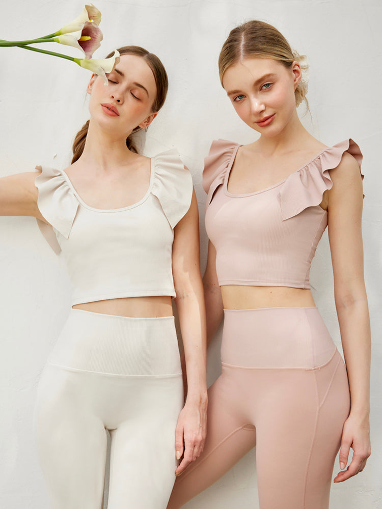 Yomoment カップ付き リブトップス Uネック フリル袖 レディース 美シルエット 可愛い