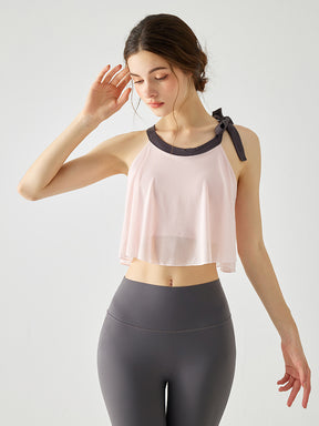 Yomoment メッシュ ブラトップ リボン付き 裾フリル カップ付き レディース ヨガトップス 軽やか