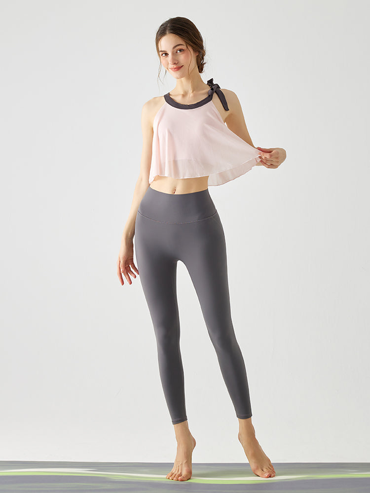 Yomoment メッシュ ブラトップ リボン付き 裾フリル カップ付き レディース ヨガトップス 軽やか