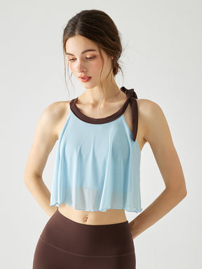 Yomoment メッシュ ブラトップ リボン付き 裾フリル カップ付き レディース ヨガトップス 軽やか